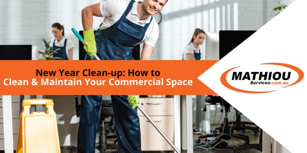 Professional cleaners doing a new year clean-up in an office.
